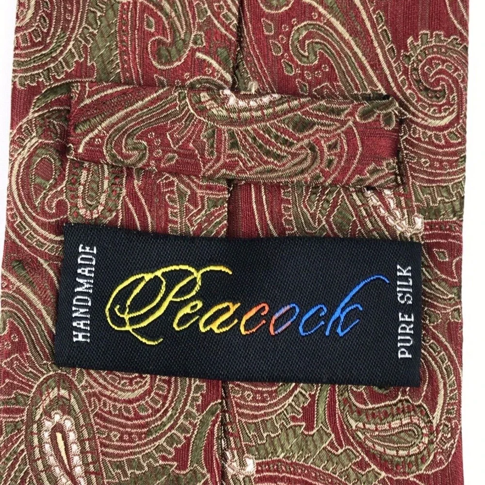 PEACOCK Tie Handmade Pure Silk Red Green White Paisley Elegant Men's Necktie